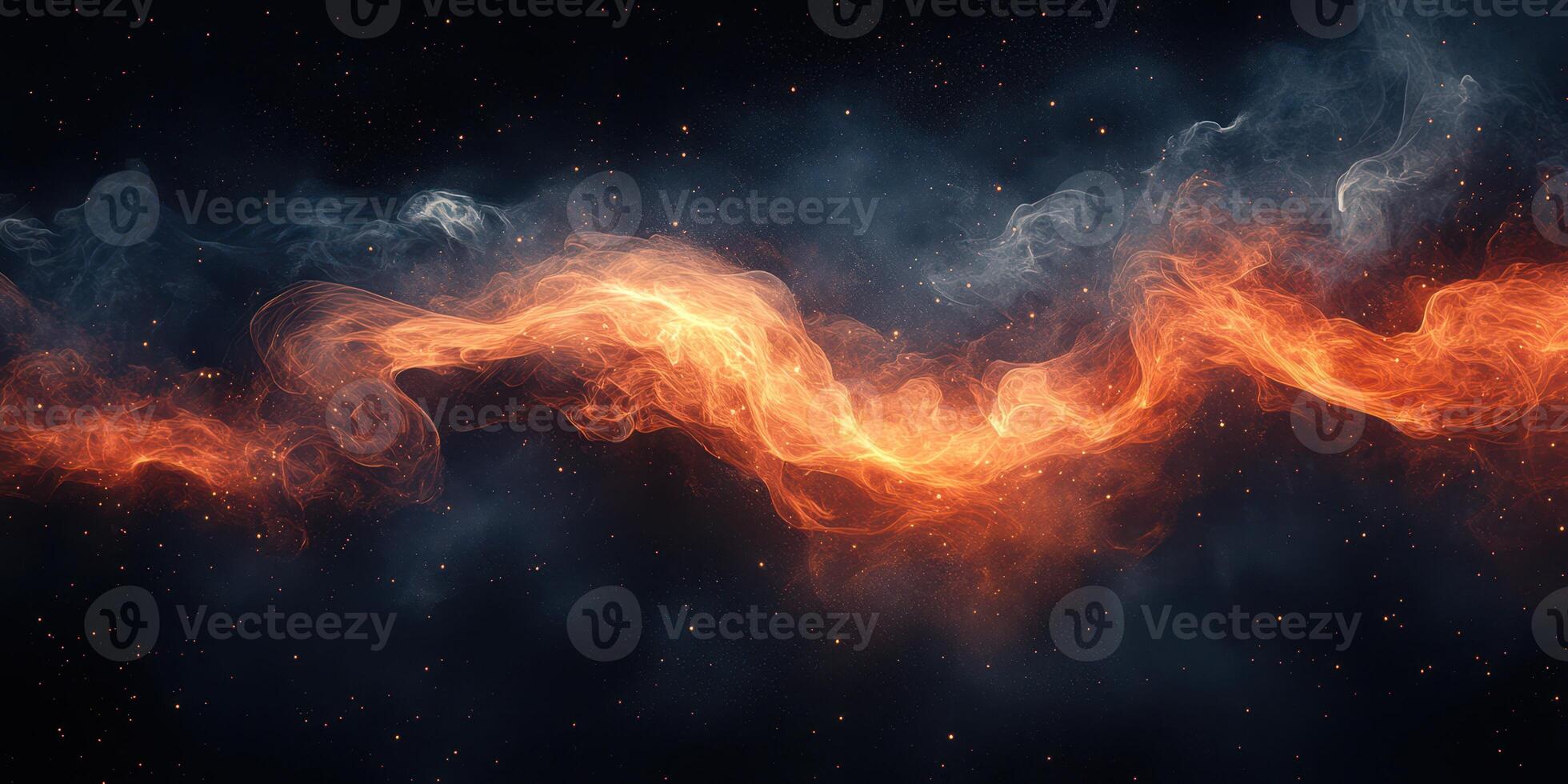 Dynamic orange and gray wisps of smoke swirl against a dark background in a cosmic display of energy and movement photo
