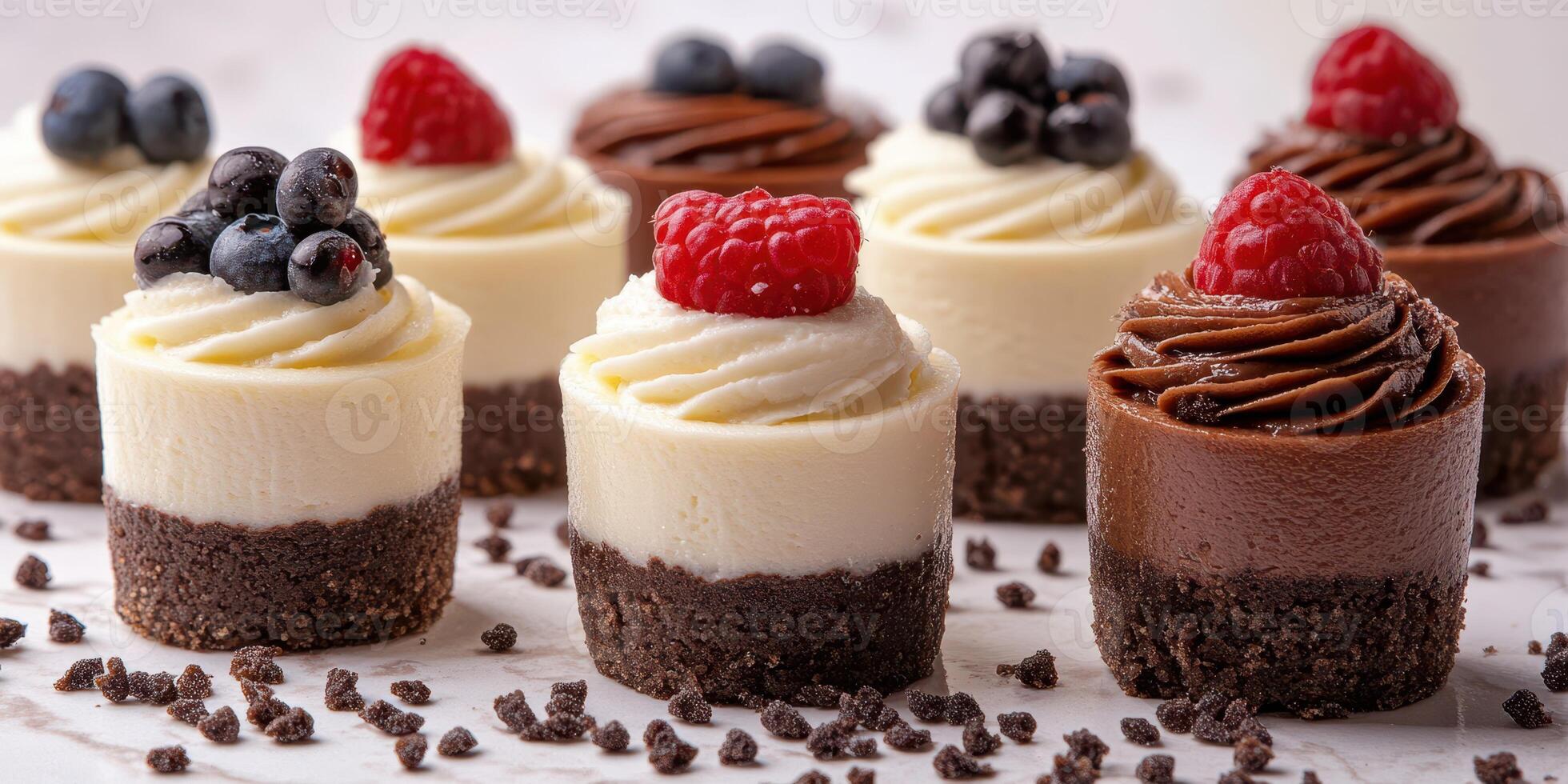 Miniature cheesecake desserts displayed on a marble surface with vibrant fruit toppings for a delightful treat photo