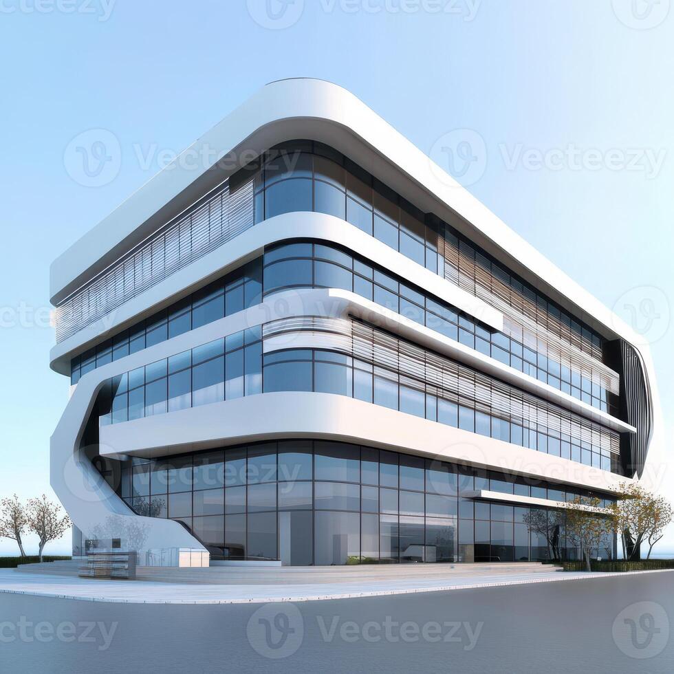 Modern architectural design of a sleek office building in an urban setting photo