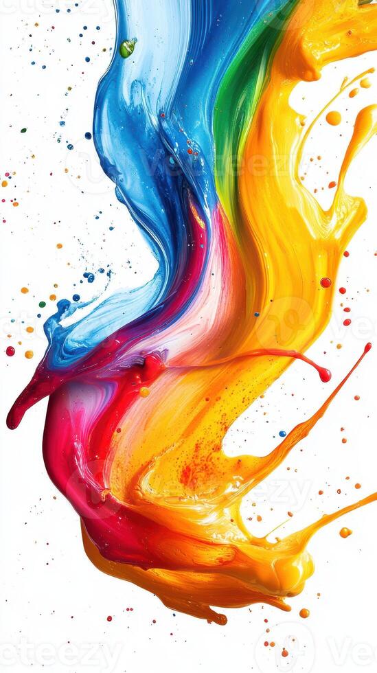 Vibrant swirl of colorful paint splashes creates a mesmerizing abstract pattern on a white background photo