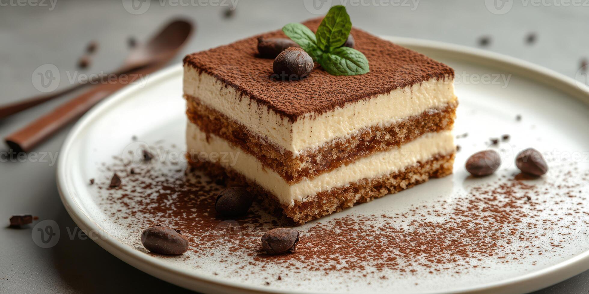 Delicious dessert featuring layered tiramisu with cocoa, coffee beans, and mint garnish on a white plate photo