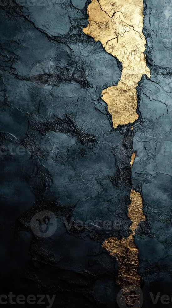 Cracked black wall with gold accents creating a striking visual contrast and texture photo