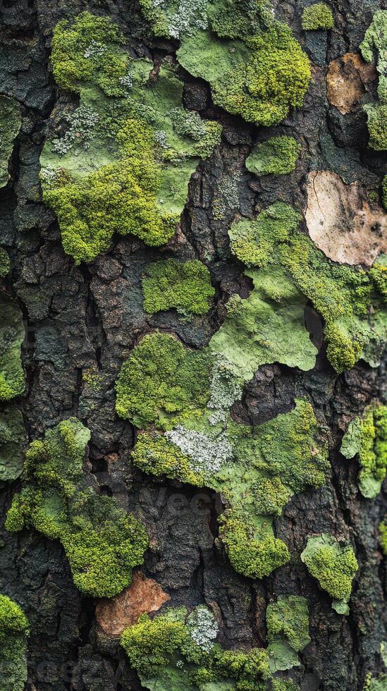 Texture of green moss and lichen on a tree bark in a forest setting during daylight photo