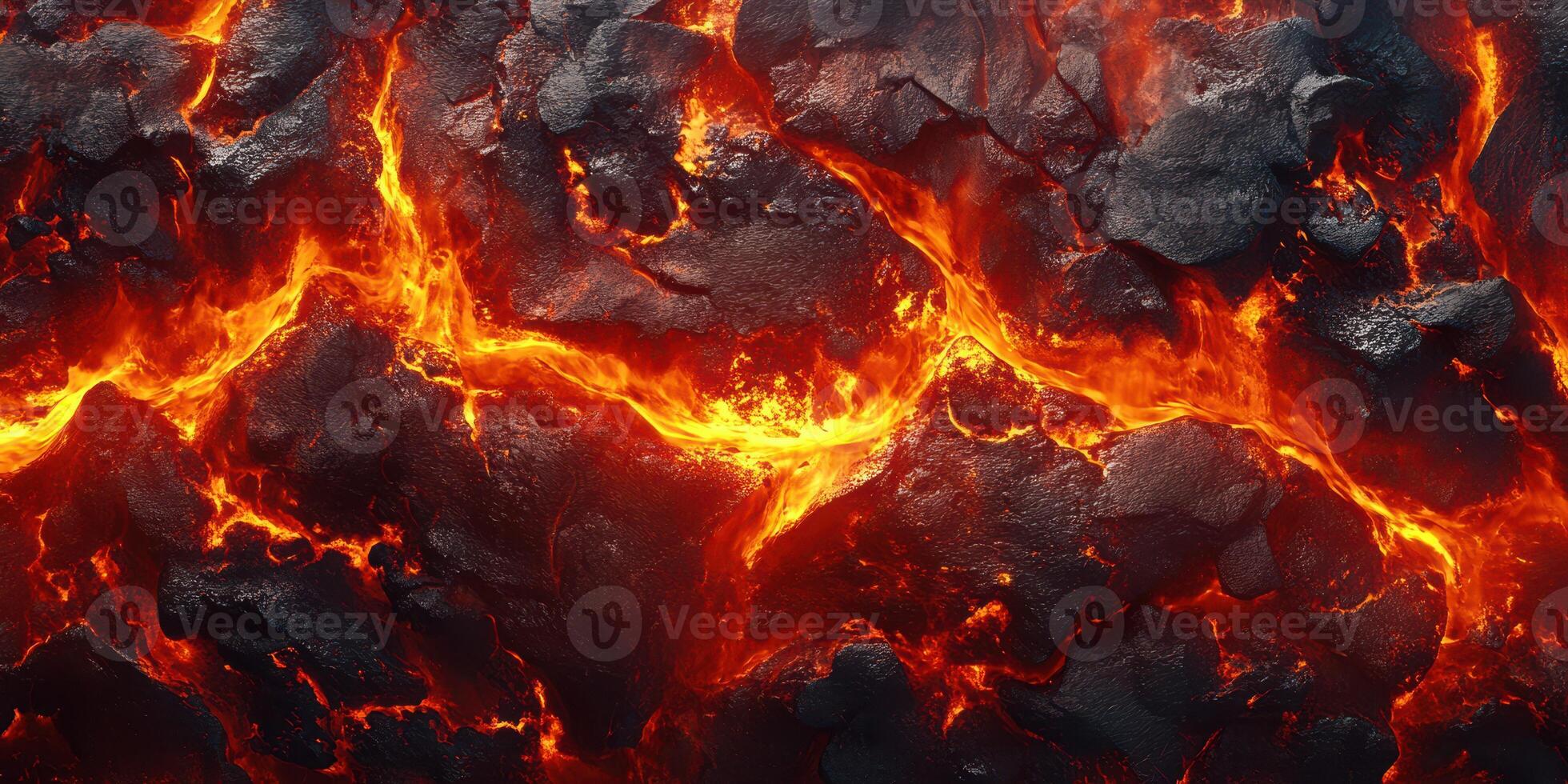 Lava flow illuminating volcanic landscape during night in a dramatic display of fiery colors photo