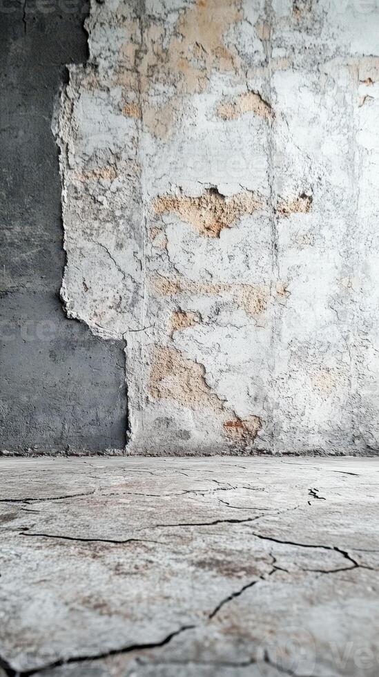 Close-up view of cracked concrete floor and textured wall in an abandoned building during daylight hours photo