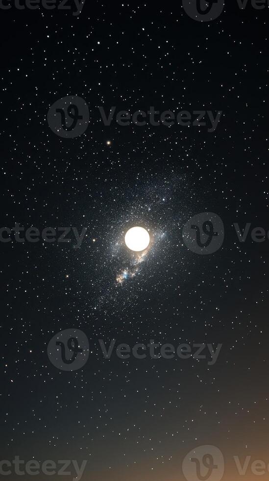 Night sky filled with stars and a glowing moon shining over a serene landscape at twilight hours photo