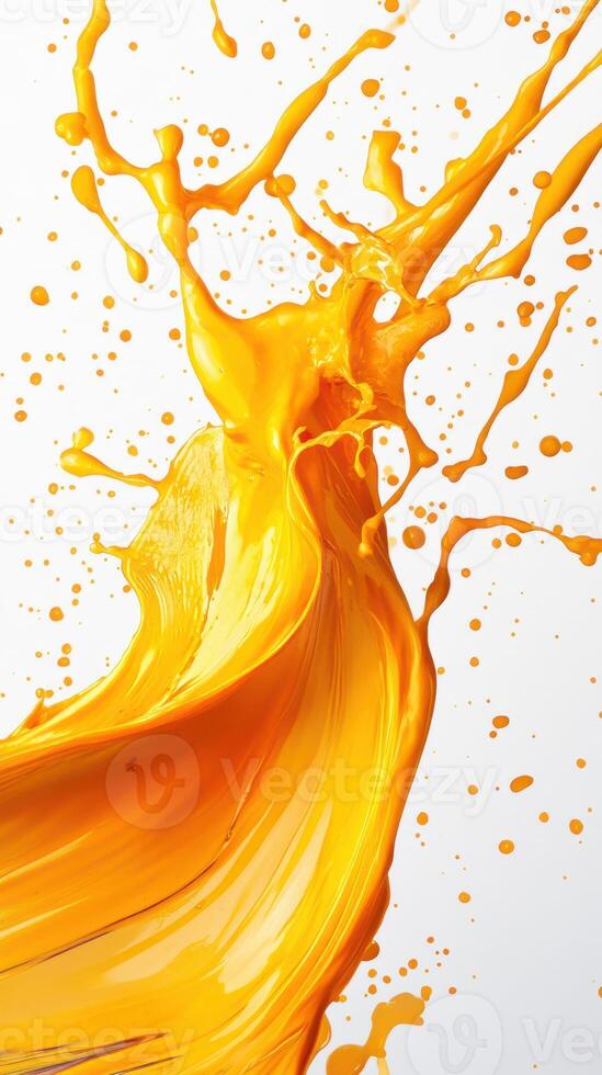 Bright yellow paint splash with dynamic motion on a white background captured in an artistic expression photo