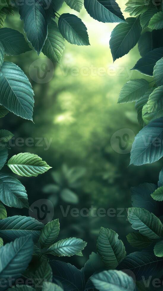 Lush green leaves frame a tranquil forest background bathed in soft, diffused light during the morning photo