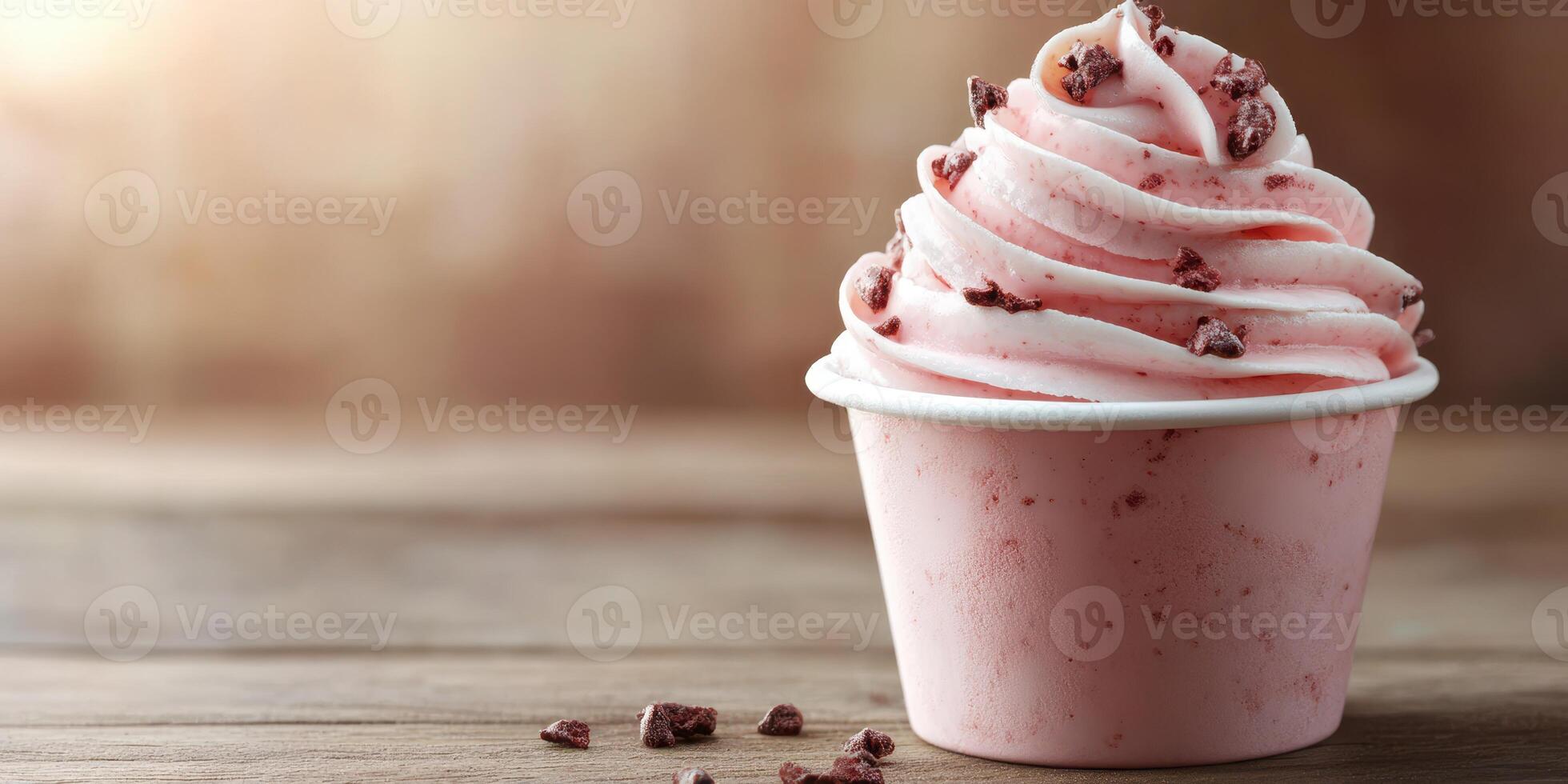 Soft serve ice cream in pink cup topped with chocolate flakes on wooden table photo