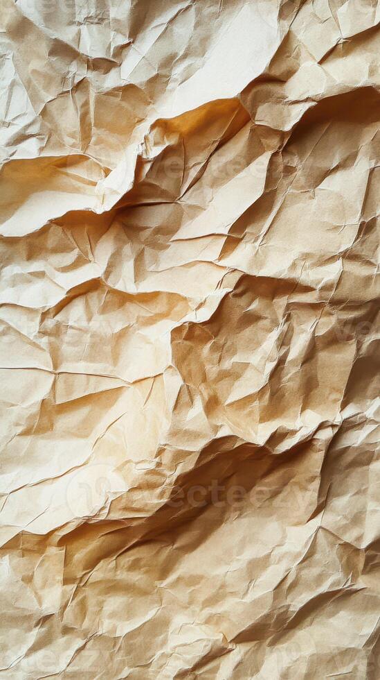 Crumpled brown paper texture displaying intricate folds and patterns in natural light photo