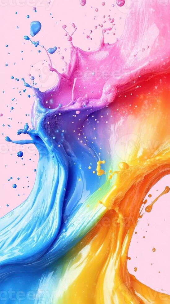Colorful paint splashes create a vibrant artistic display against a soft pink background photo