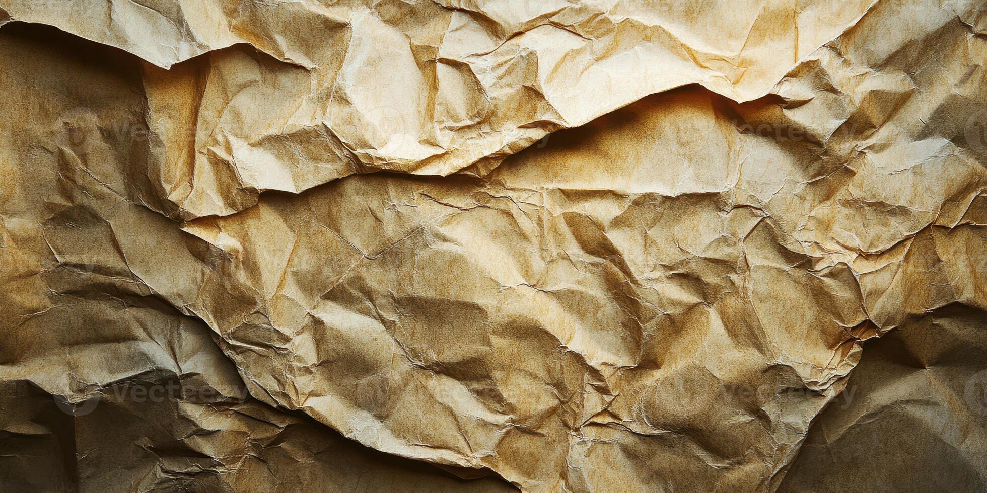 Crumpled brown paper texture showcasing intricate folds and shadows in natural light photo