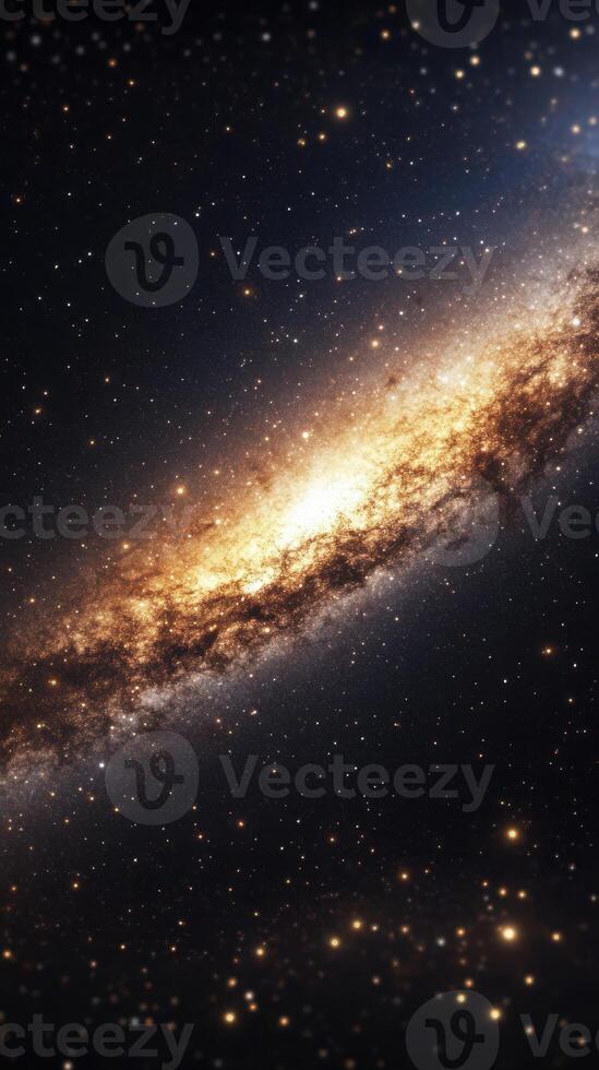 Distant spiral galaxy glowing with golden hues and surrounded by countless stars in a vast cosmic landscape photo