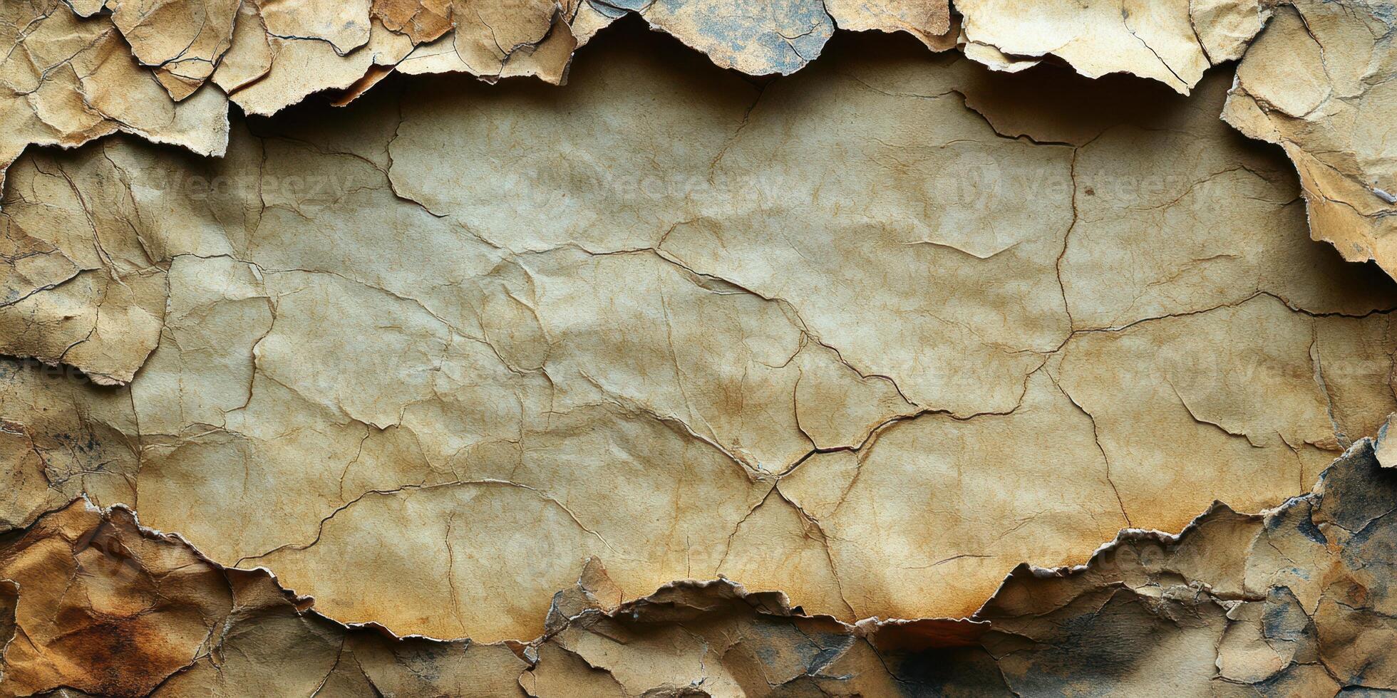 Old cracked paper background with ripped edges and a textured surface in neutral tones photo