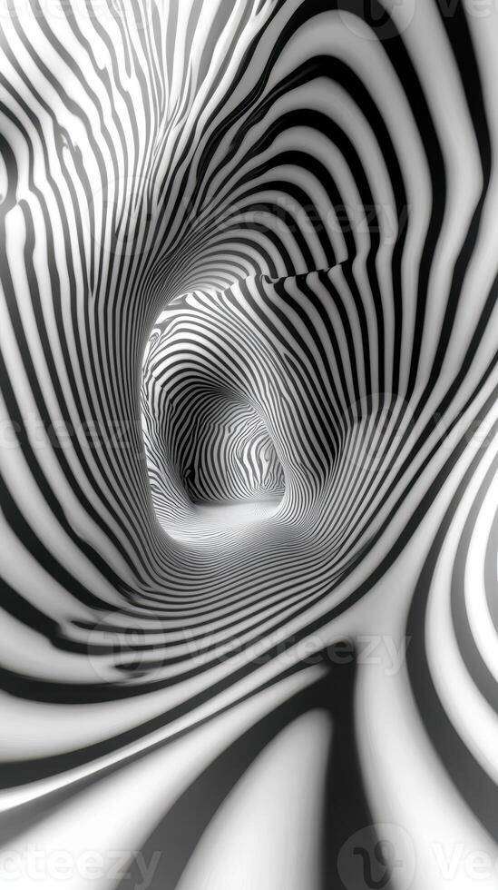 Intricate black and white tunnel with flowing striped patterns showcasing depth and perspective photo