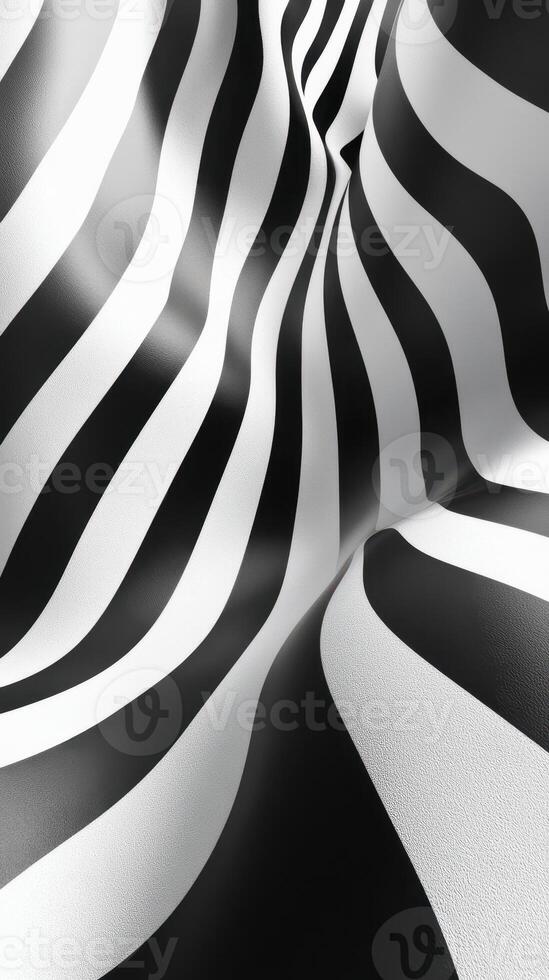 Curving black and white stripes create dynamic texture and depth in a visually striking abstract design photo