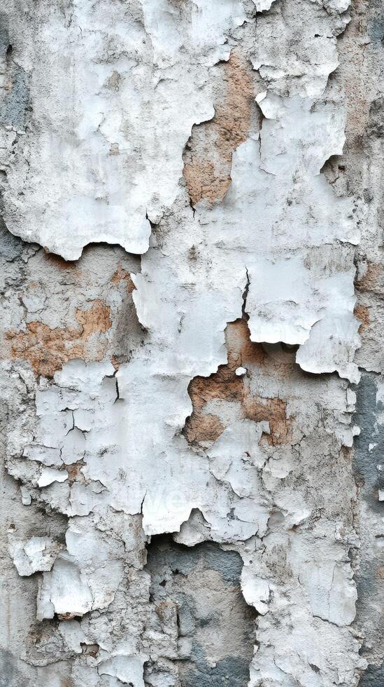 Weathered wall with peeling white paint reveals texture and layers of history in an outdoor setting photo