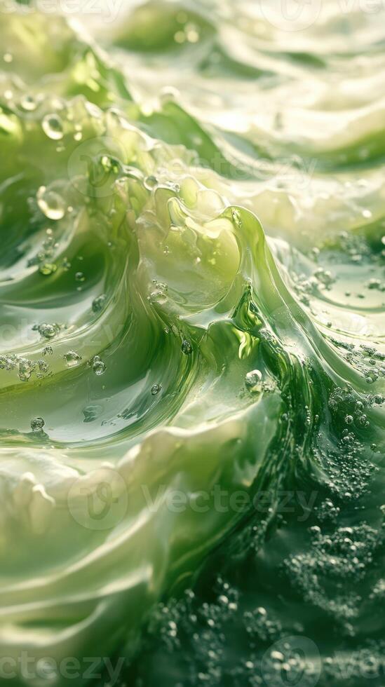 Dynamic green waves with bubbles creating a stunning underwater visual in bright light photo