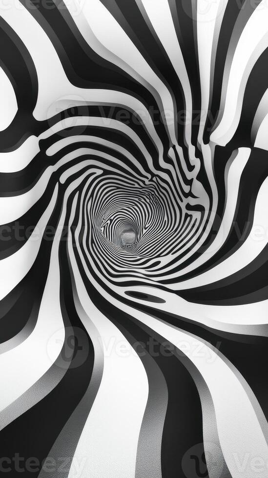 Swirling black and white patterns form a mesmerizing tunnel illusion in an abstract art piece photo