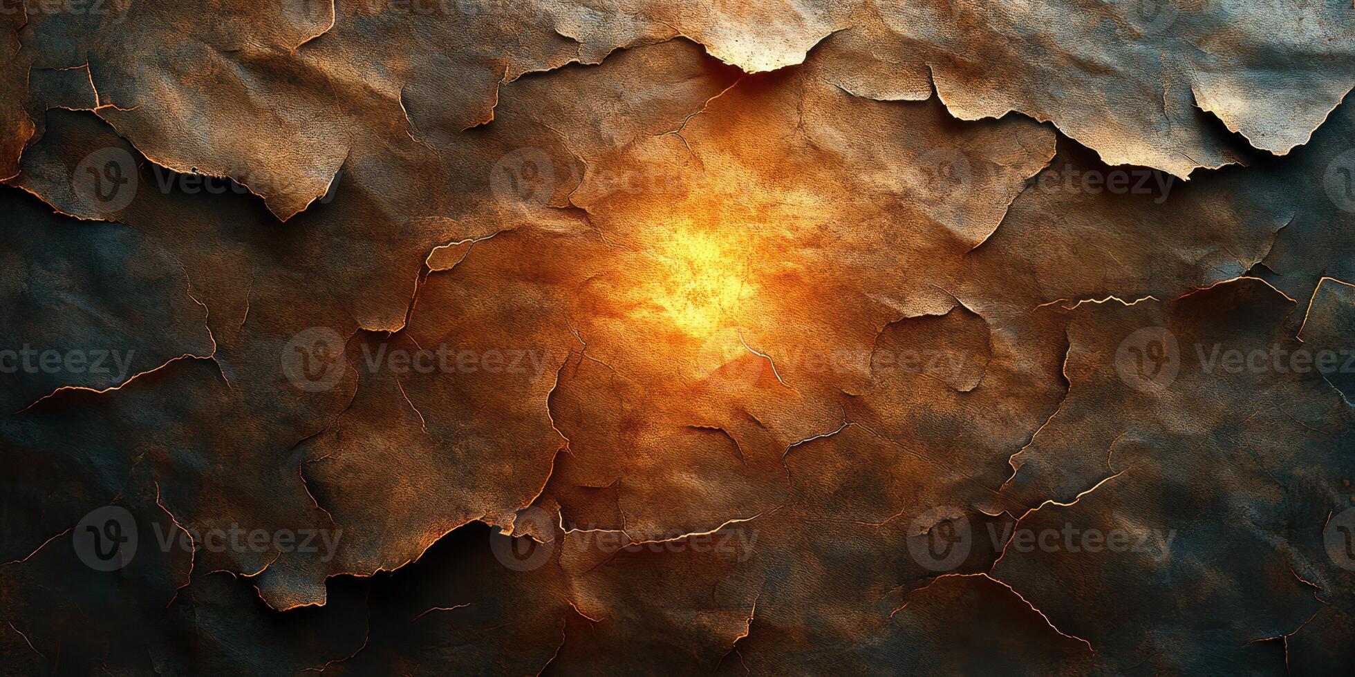 Creative texture of cracked surface illuminated by warm orange glow, showcasing intricate patterns and depth for artistic inspiration photo
