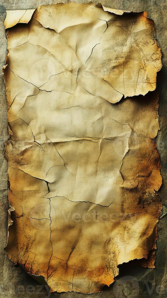 Old and weathered parchment paper with cracks and creases exuding a vintage aesthetic photo