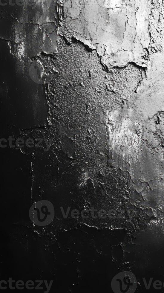 Textured dark wall surface showcasing peeling paint and cracks in a dimly lit environment photo