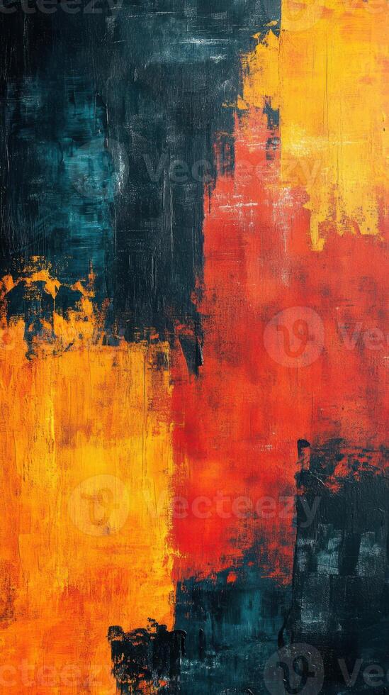 Vibrant abstract painting featuring bold colors of red, yellow, and black with textured brush strokes photo