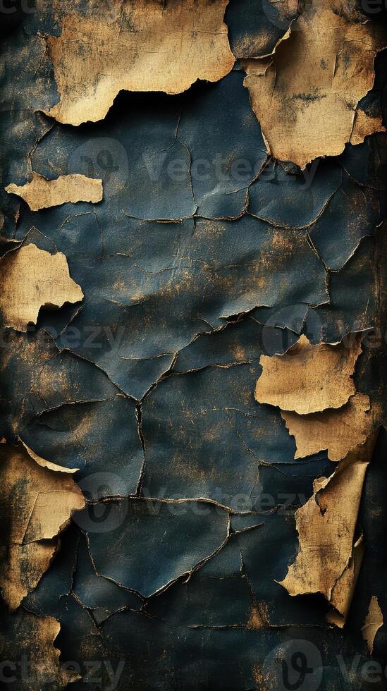Textured wall with peeling blue and gold layers creates an artistic focal point in a vintage space photo