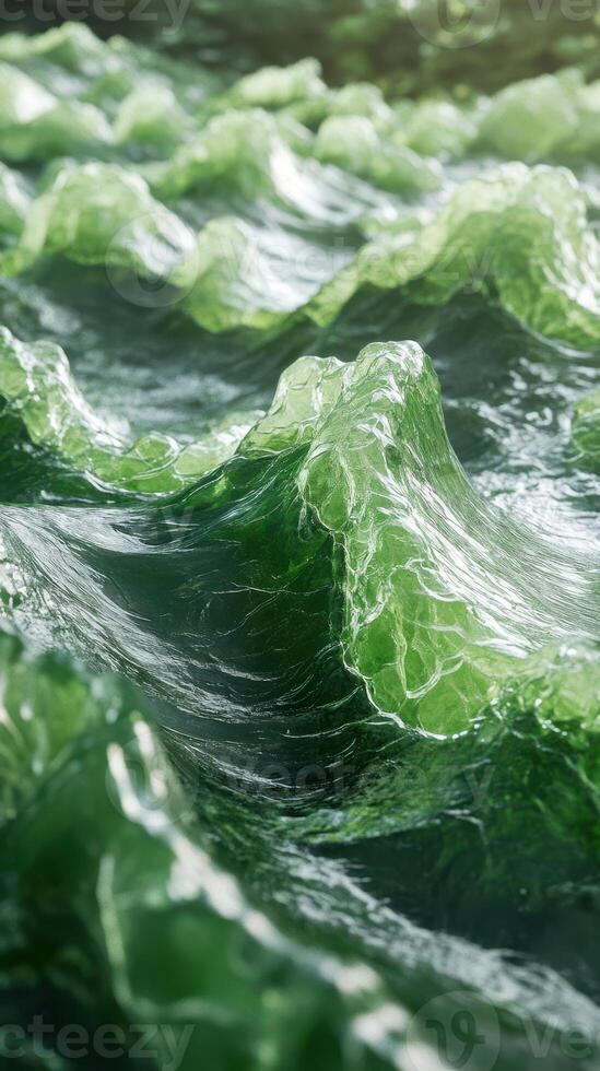 Waves of translucent green sea water with swirling patterns under sunlight create a mesmerizing coastal view at midday photo