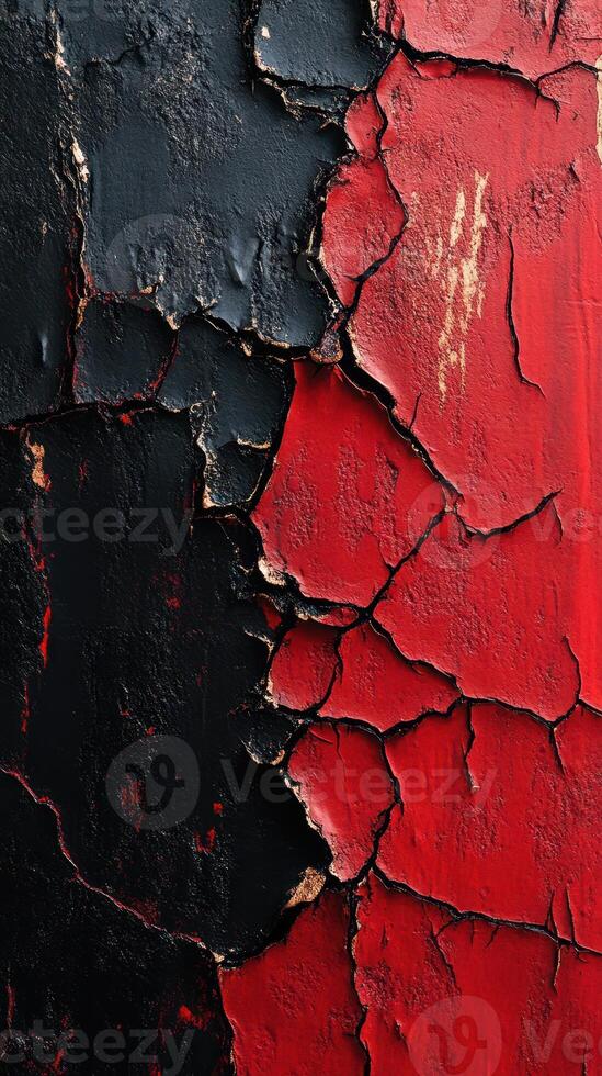 Textured abstract surface with cracked black and red paint showing age and decay in urban setting photo