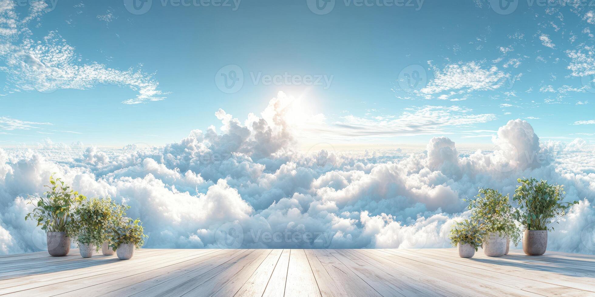 Bright sunlight shines through fluffy clouds above a serene wooden deck filled with potted plants during a clear day photo