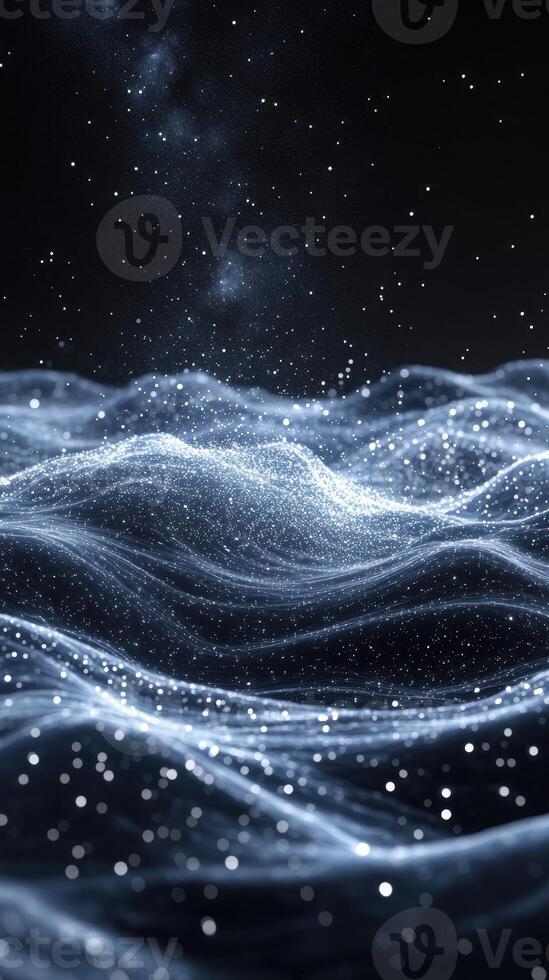 Swirling waves of light and particles create an ethereal atmosphere in a dark setting photo