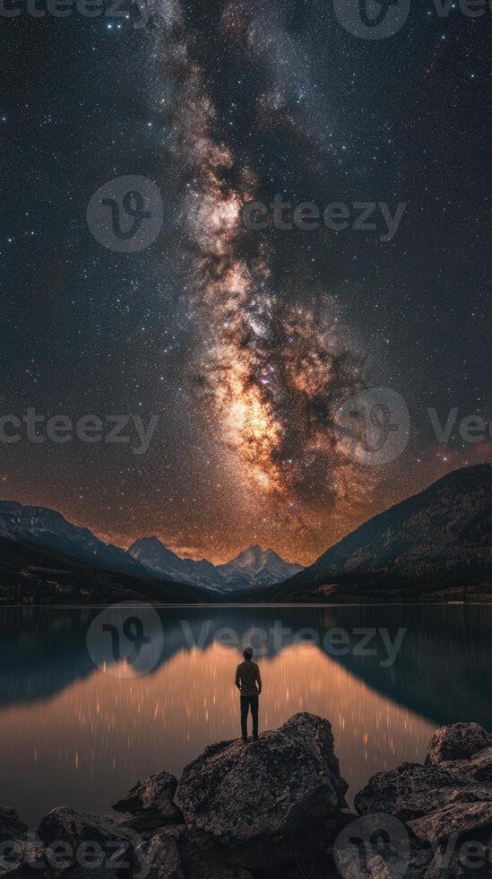 Stargazer admiring the Milky Way over a tranquil lake during a clear night in the mountains photo