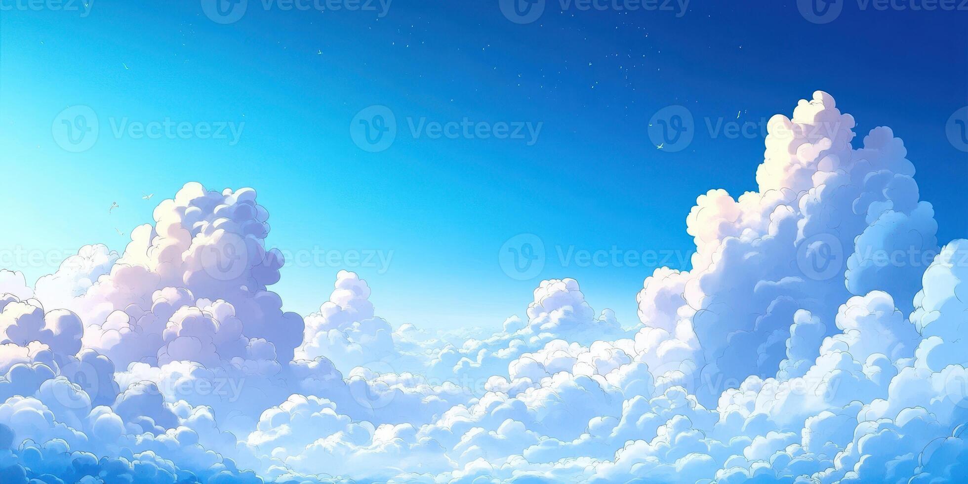Colorful cloud formations in a bright blue sky during a sunny day in an animated art style photo
