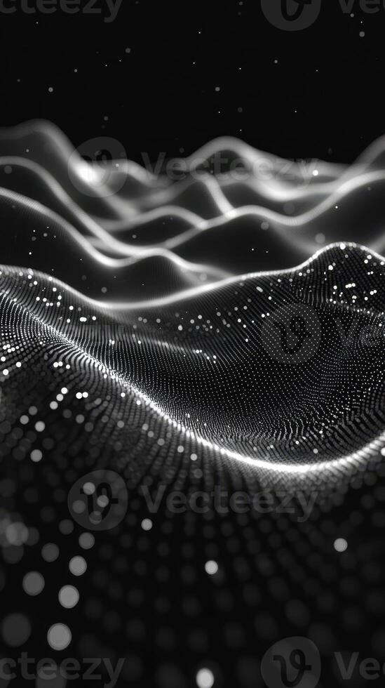 Abstract representation of digital waves with light particles flowing in a dark environment photo