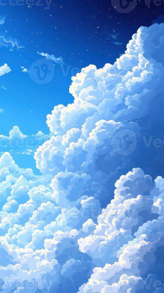 Beautiful fluffy clouds under a bright blue sky during daytime with a hint of stars at twilight photo