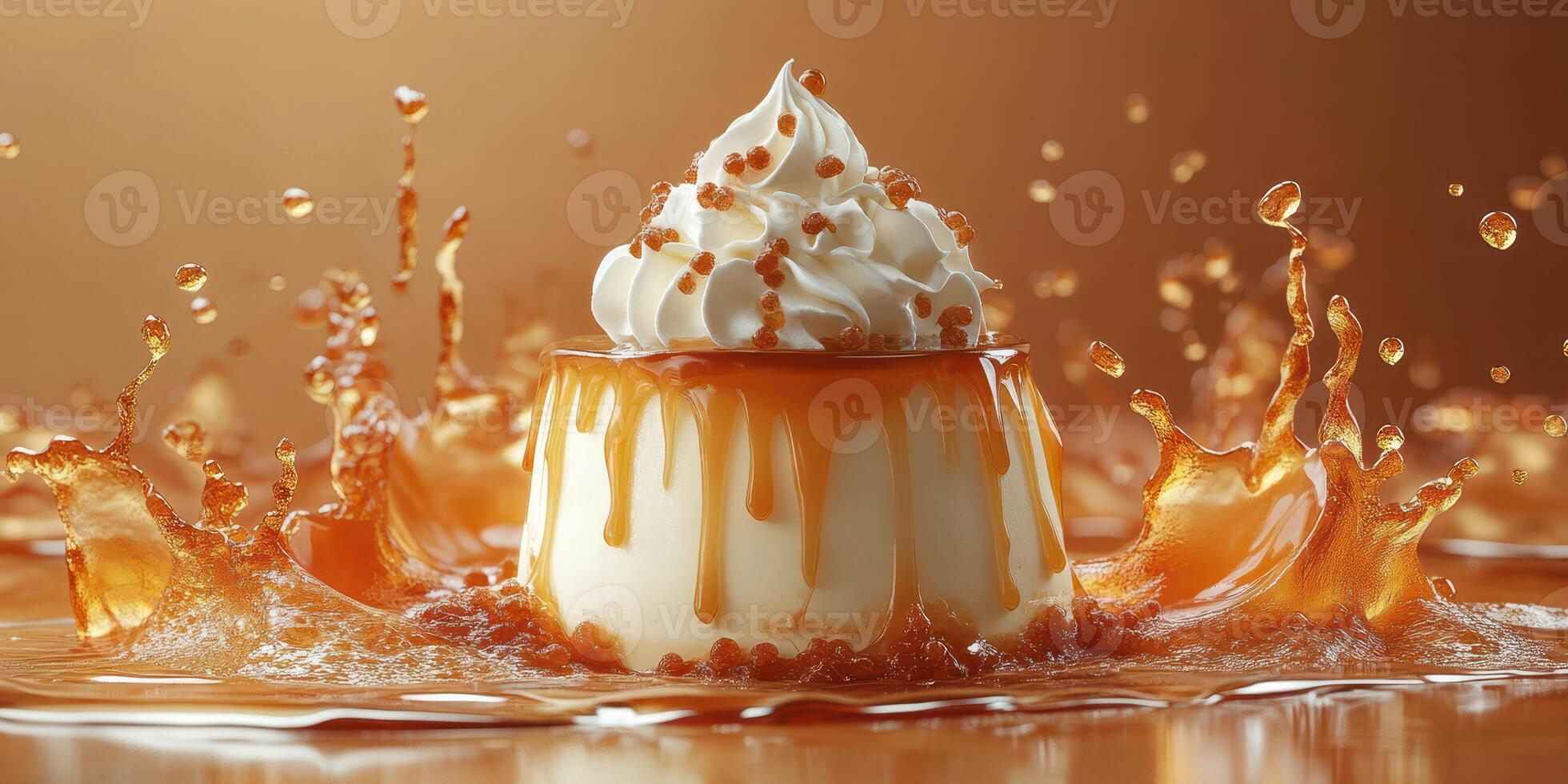 Delicious dessert topped with whipped cream and caramel splashes on a warm background during a culinary display photo