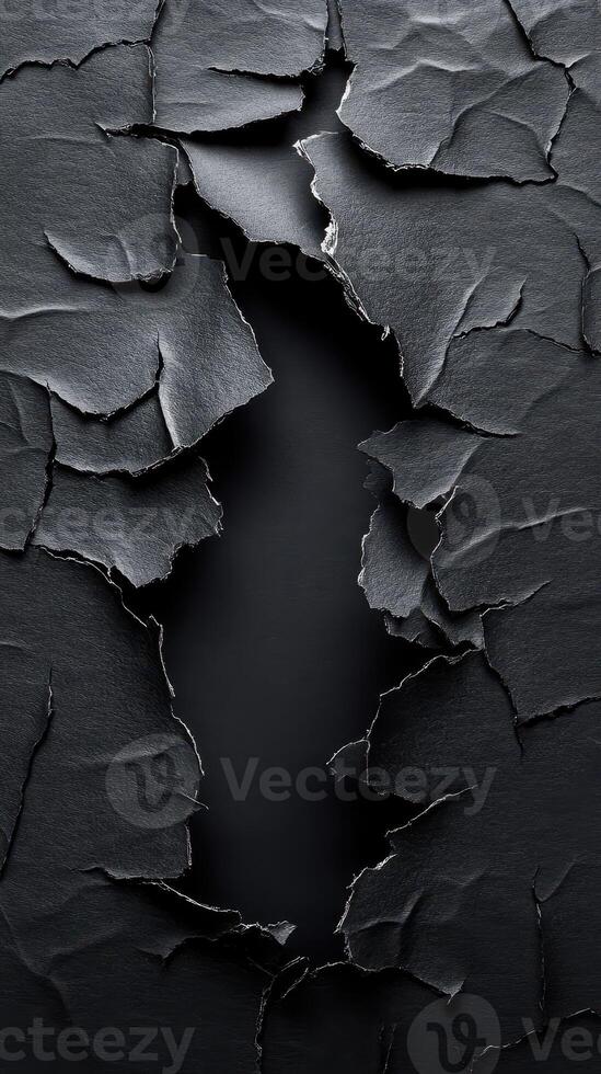 Creative black textured paper with torn edges revealing a dark background in a minimalist design photo