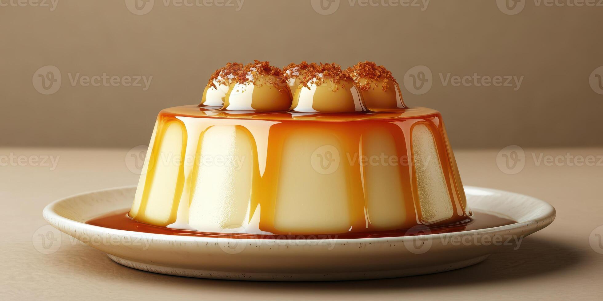 Creamy custard dessert with caramel sauce and whipped cream topping served on a neutral-colored plate photo