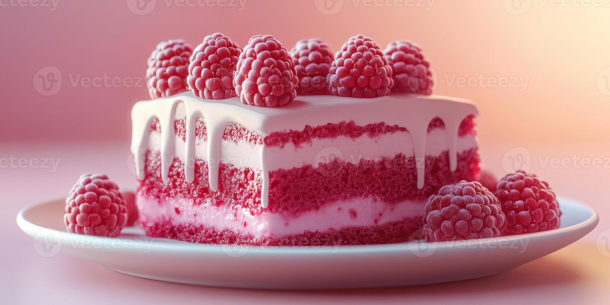 Delicious raspberry cake with creamy frosting displayed on a plate in soft pink light photo