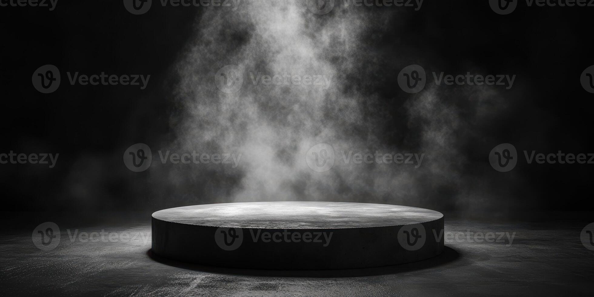 Dark stage with illuminated circular platform surrounded by fog in a dramatic atmosphere photo
