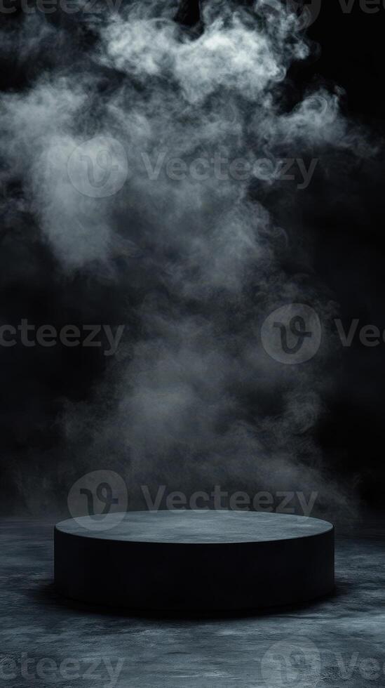 Dark stage with swirling smoke creates an atmospheric backdrop for performances or presentations photo