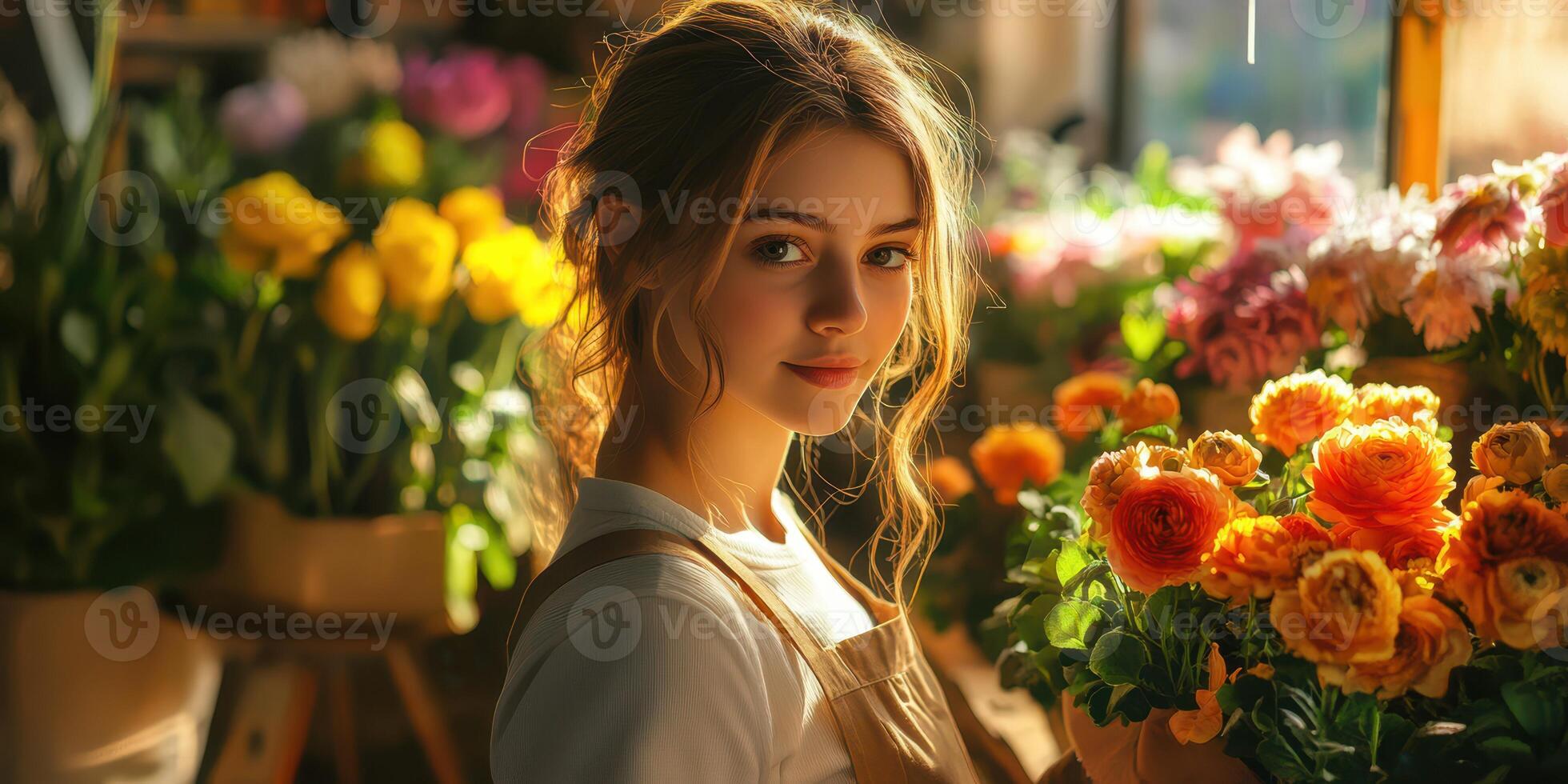 Young woman arranging colorful flowers in a bright flower shop filled with blooms during the golden hour photo