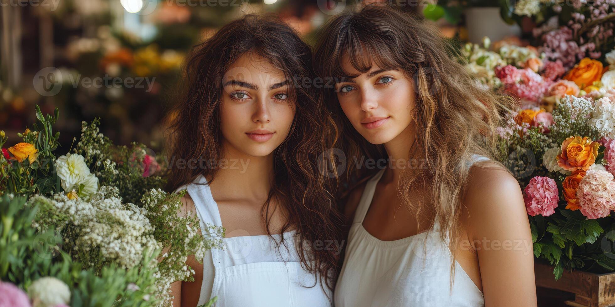 Two women standing among colorful flowers in a vibrant indoor market during the day photo