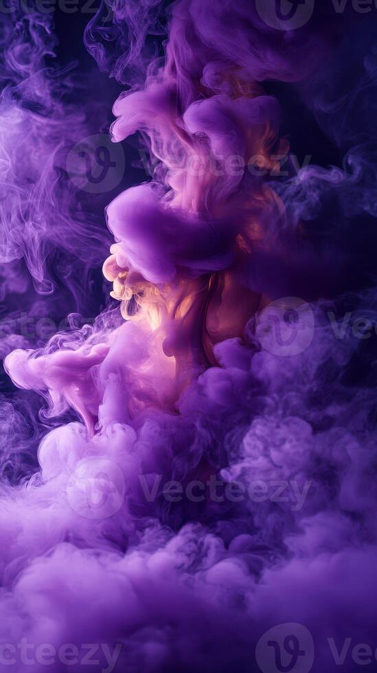 Swirls of purple and orange smoke create an abstract pattern in a dark environment photo