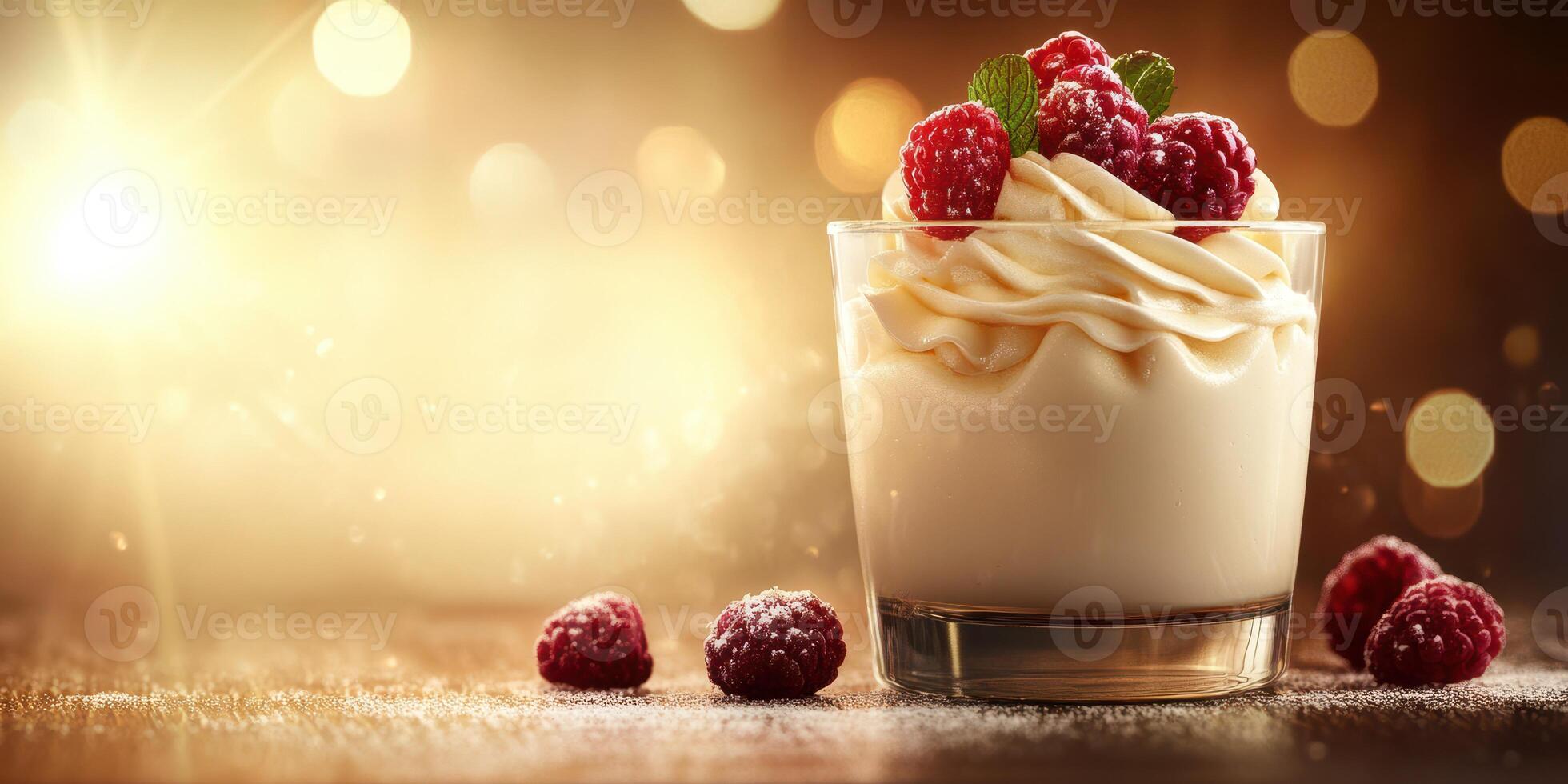 Delicious dessert served in a glass with fresh raspberries and creamy texture illuminated by warm light photo