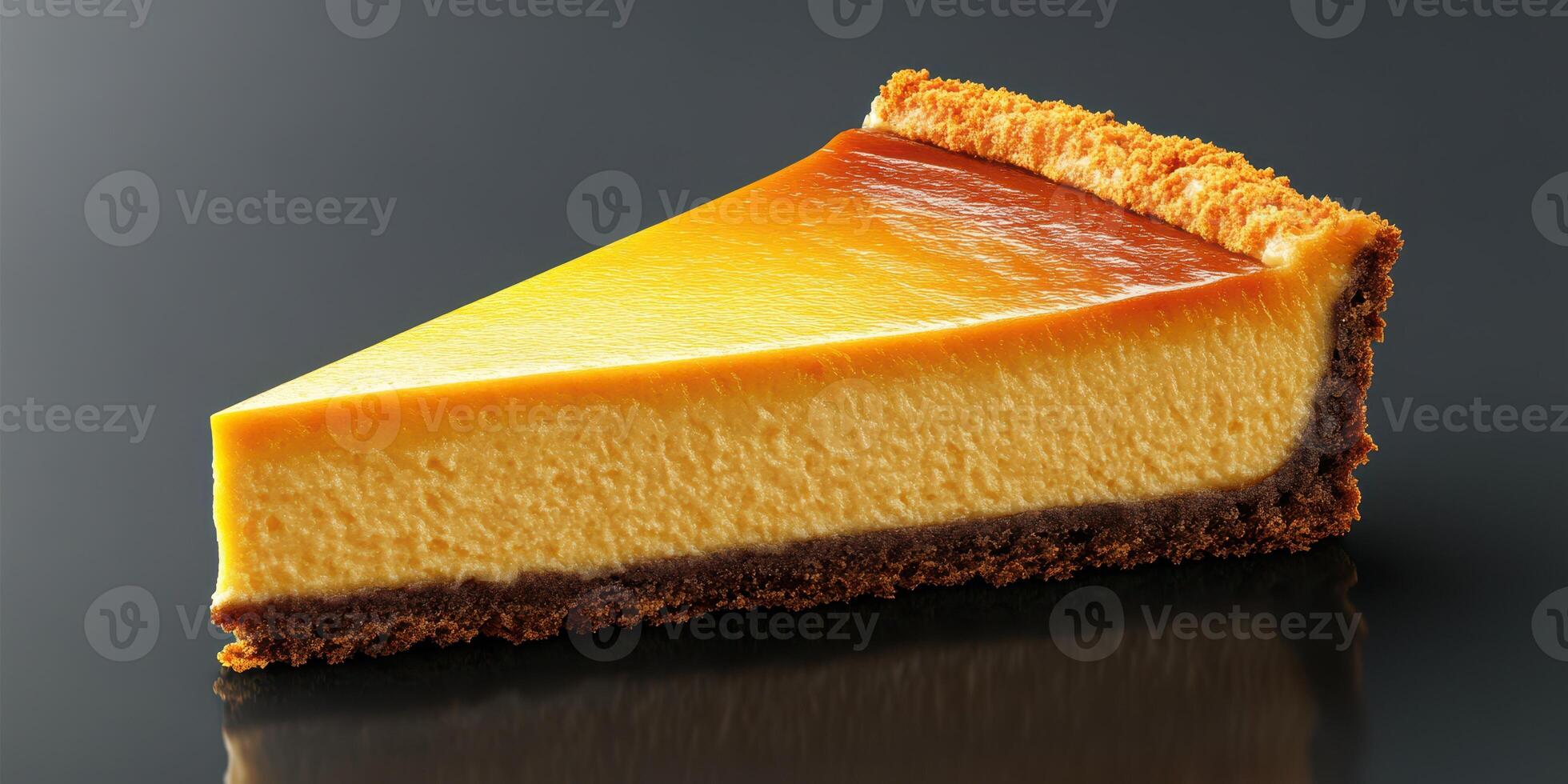 Delicious slice of creamy cheesecake with a golden brown crust on a dark background photo