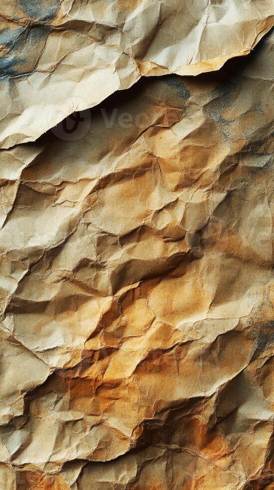 Crumpled textured paper with warm tones and intricate details creating an abstract background effect photo