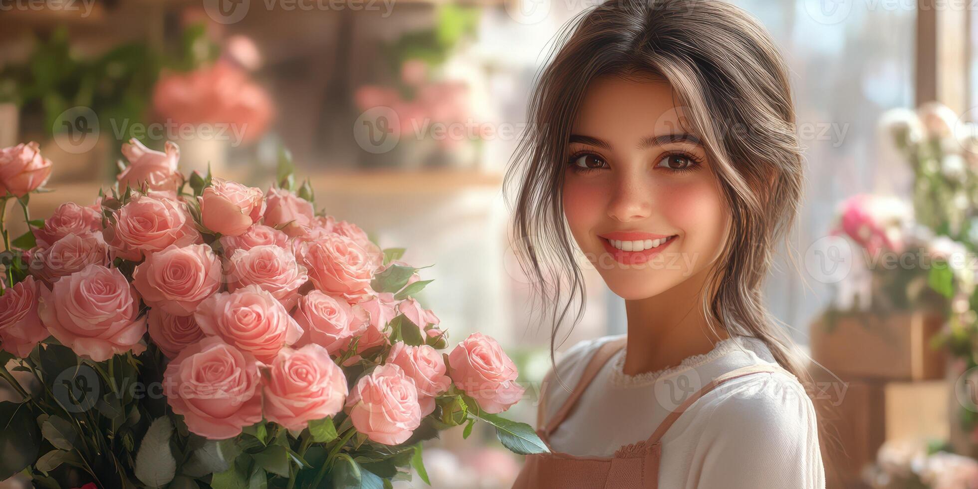 Young woman smiles while holding a bouquet of pink roses in a flower shop during daytime photo