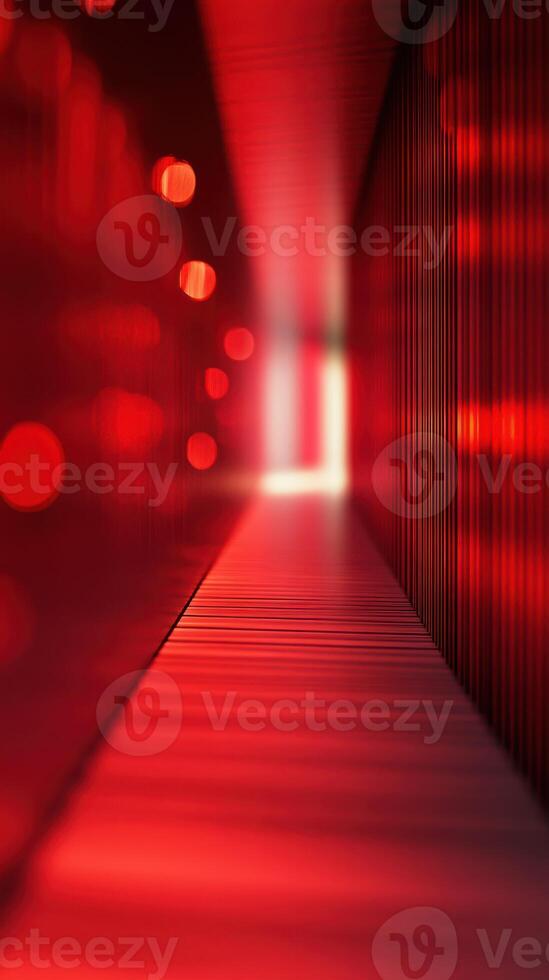 Vibrant red corridor illuminated by soft lights creates a captivating atmosphere in an abstract interior setting photo